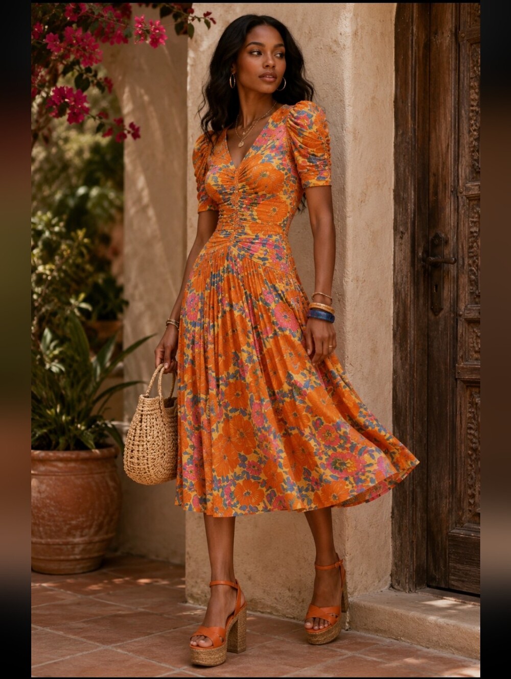 Farm Rio Ruched Floral Orange Midi Dress